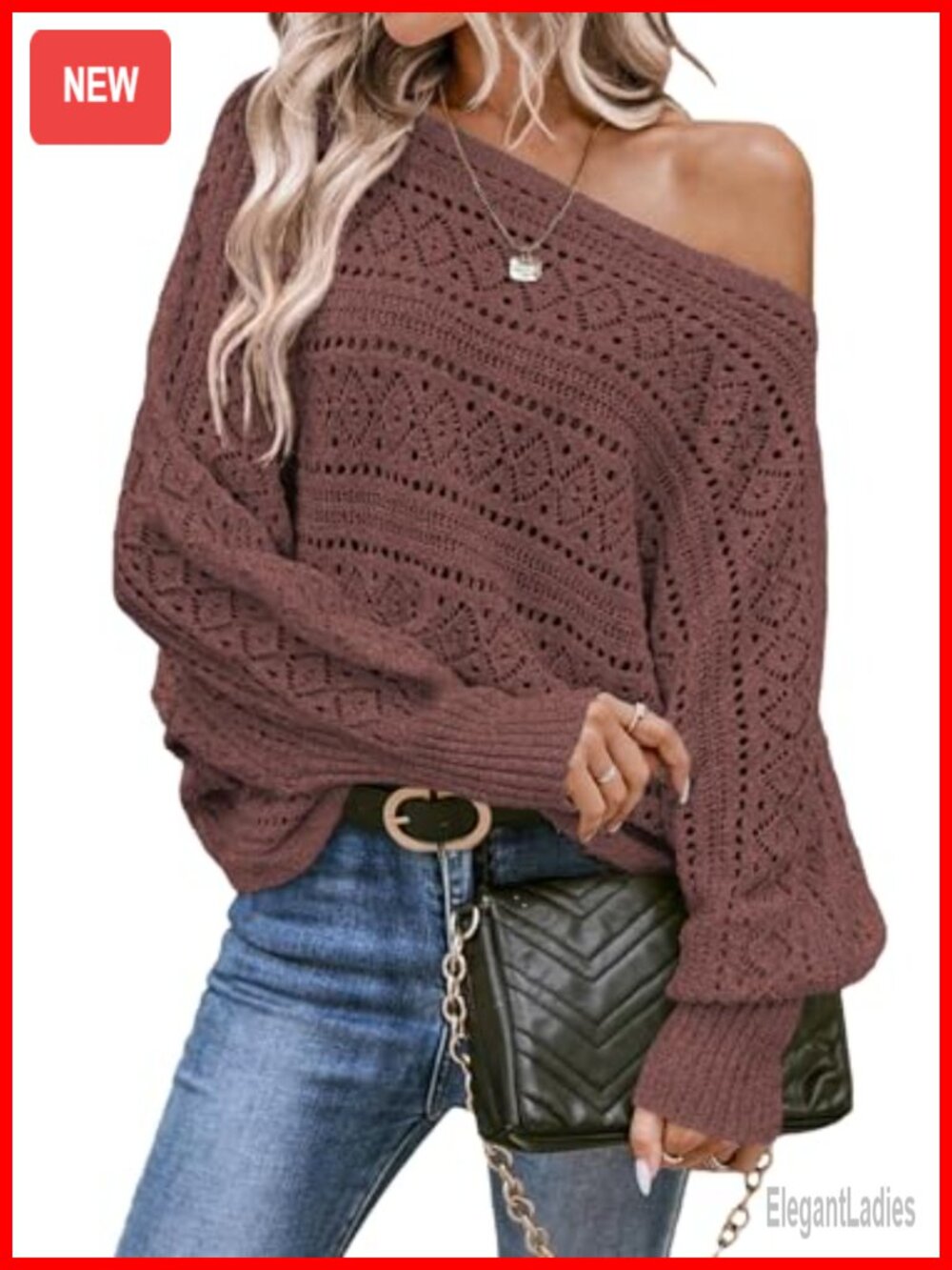 EVALESS Womens Crochet Boat Neck Batwing Sleeve Loose Sweater Pullover
